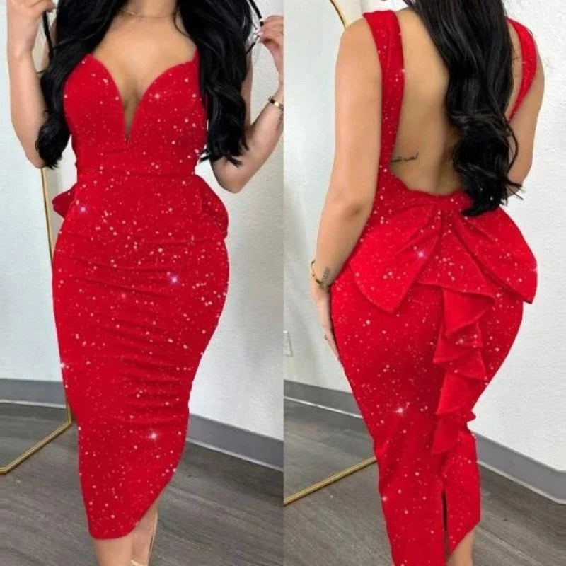 XTOCEAN Women's Bodycon Dress Open Back Deep V High Waist