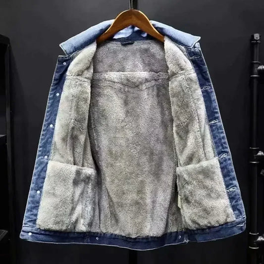 Thickened Fleece-Lined Denim Jacket Men's Loose Fit Warm Work Clothes Trendy Korean Style Versatile Plus Size Casual Wear