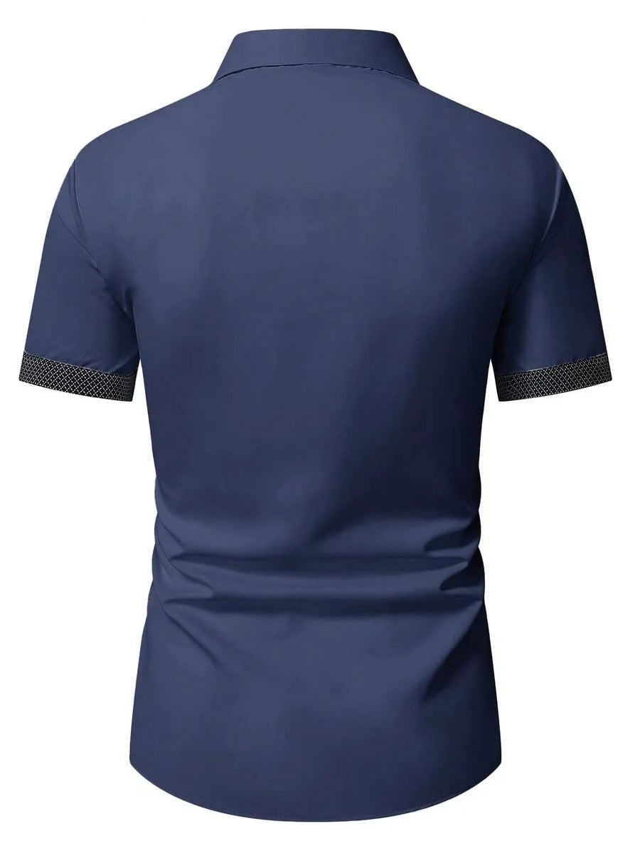 Spring Summer New Men Clothes Short Sleeve Spell Color Shirt 95% Polyester 5%Spandex
