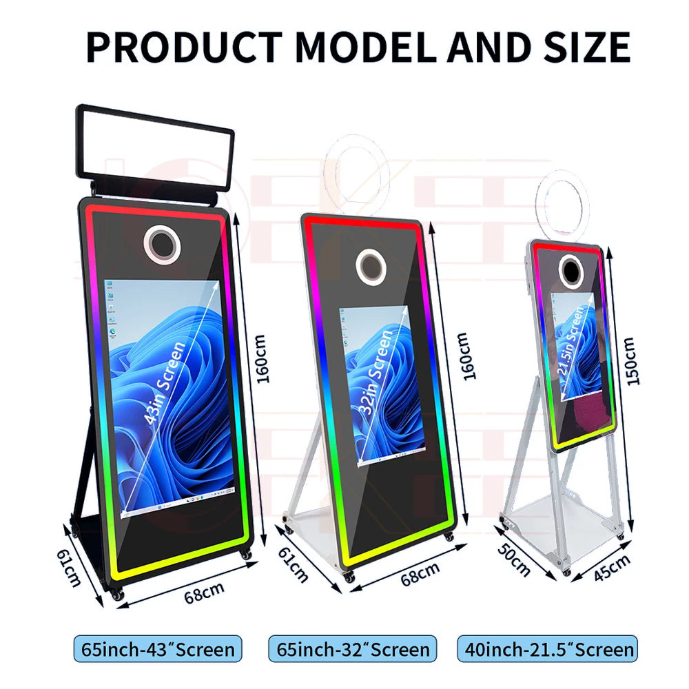 65 inch Magic Mirror Photo Booth 32in Touch Screen Built-in Mini PC Portable Mirror Photo Booth Selfie Machine for Partys Events