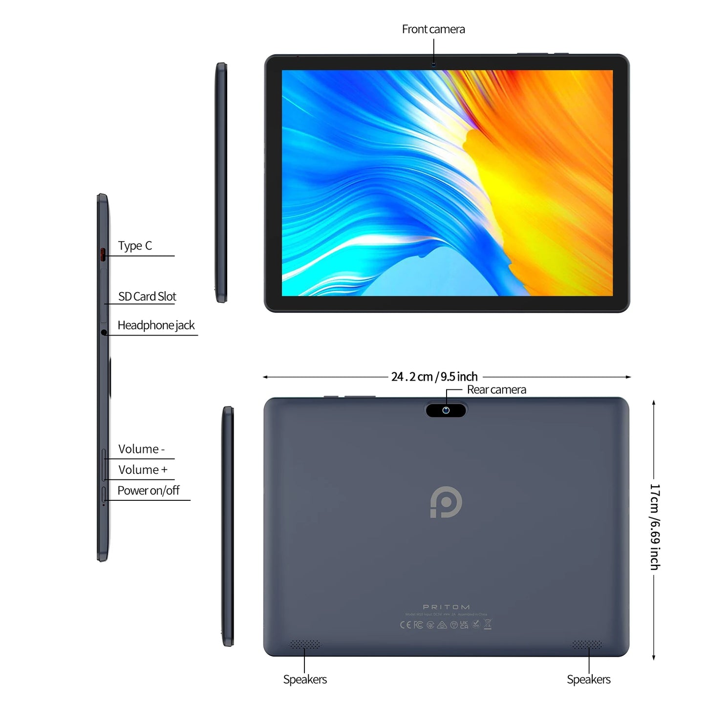 PRITOM 10.1 Inch Tablet PC Android 13 64 GB Quad Core Touch Screen WiFi with SIM Slot Support 3G Phone Call