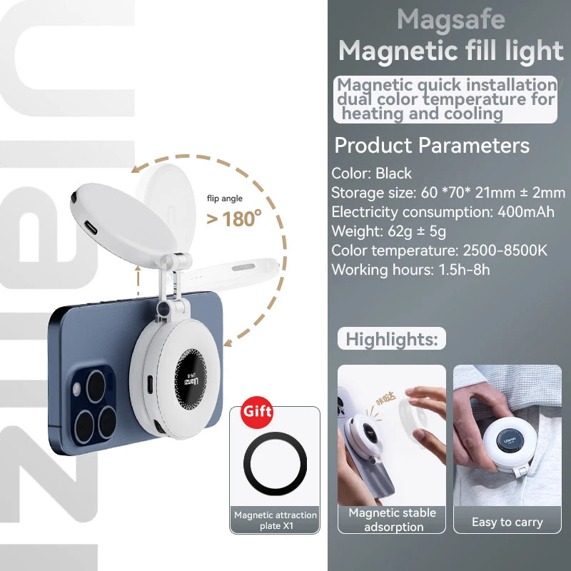 Ulanzi LM19 Mobile Phone Selfie Light Bi-color Pocket LED Magnetic Mini Ring Lamp Photography For iPhone 16 15 Apple 14 13 Pro