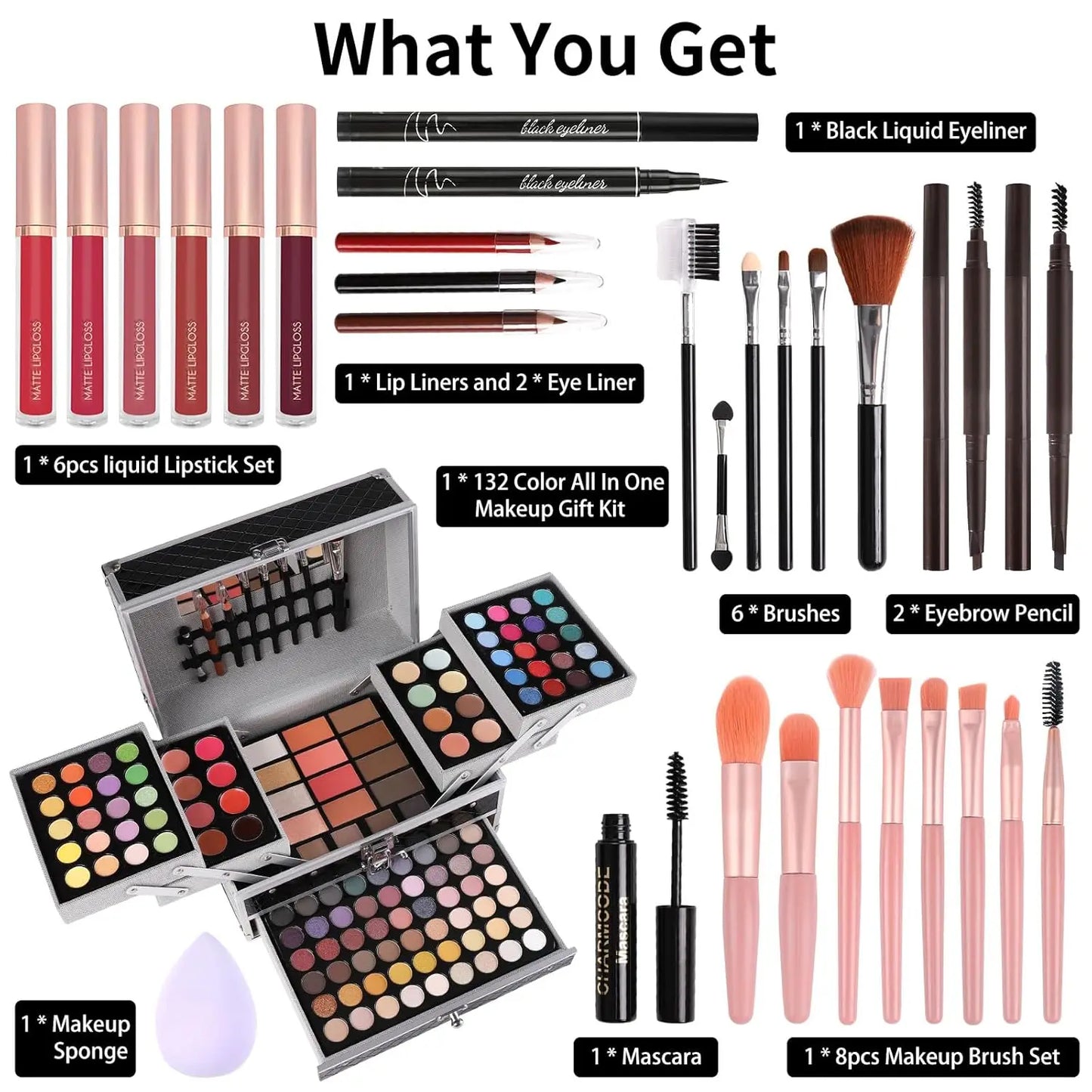 Complete Makeup Kit for Women & Girls: Eyeshadow, Lip Gloss, Concealer, Blush, Brushes & More in Black Set