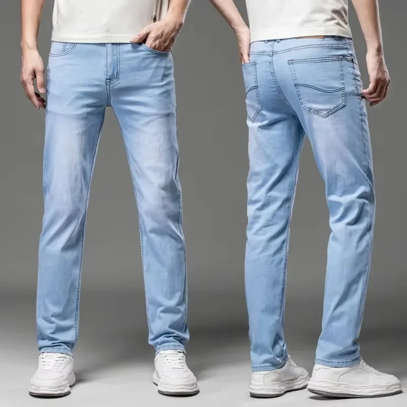 2026 Spring Summer Thin Jeans Classic Style Fashion Stretch Regular Fit Denim Trousers Male Brand Men's Washed Light Blue