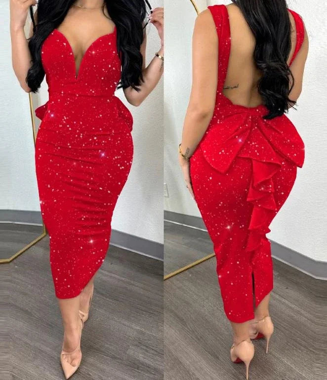 XTOCEAN Women's Bodycon Dress Open Back Deep V High Waist