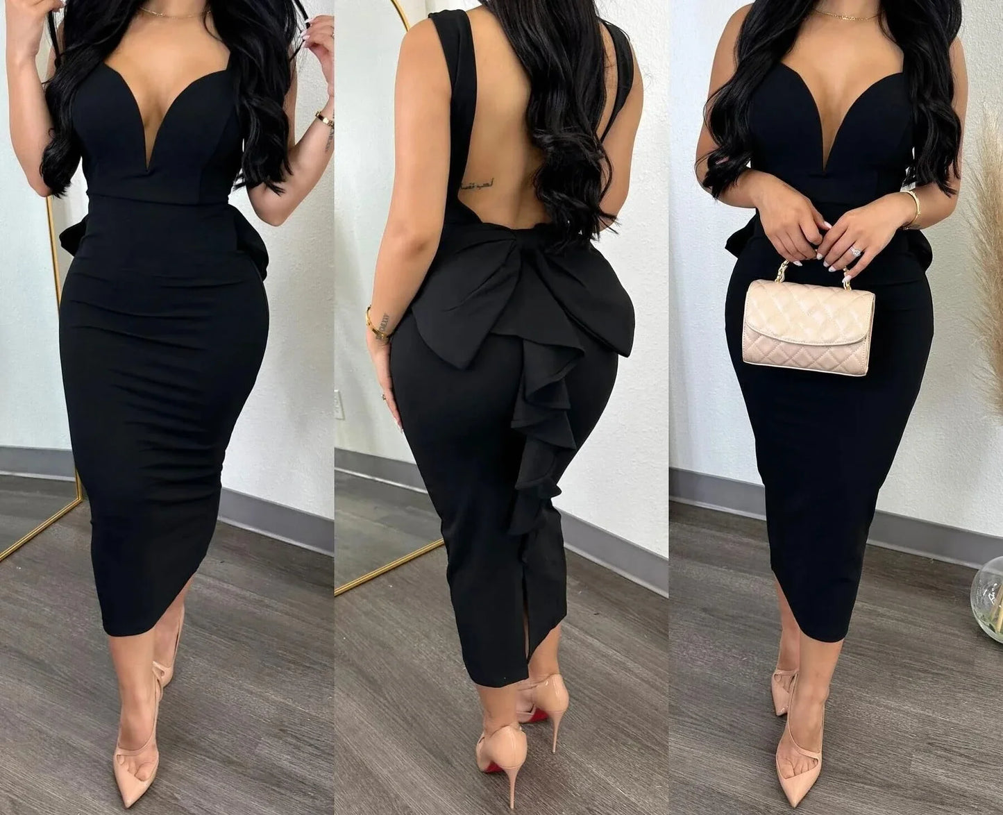 XTOCEAN Women's Bodycon Dress Open Back Deep V High Waist