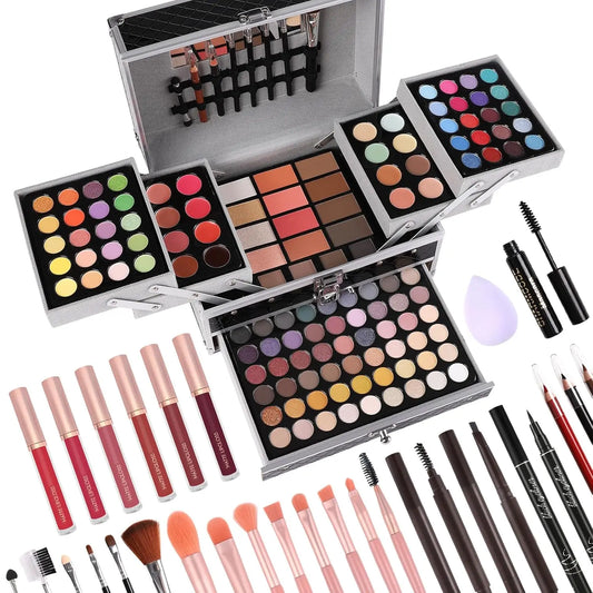 Complete Makeup Kit for Women & Girls: Eyeshadow, Lip Gloss, Concealer, Blush, Brushes & More in Black Set