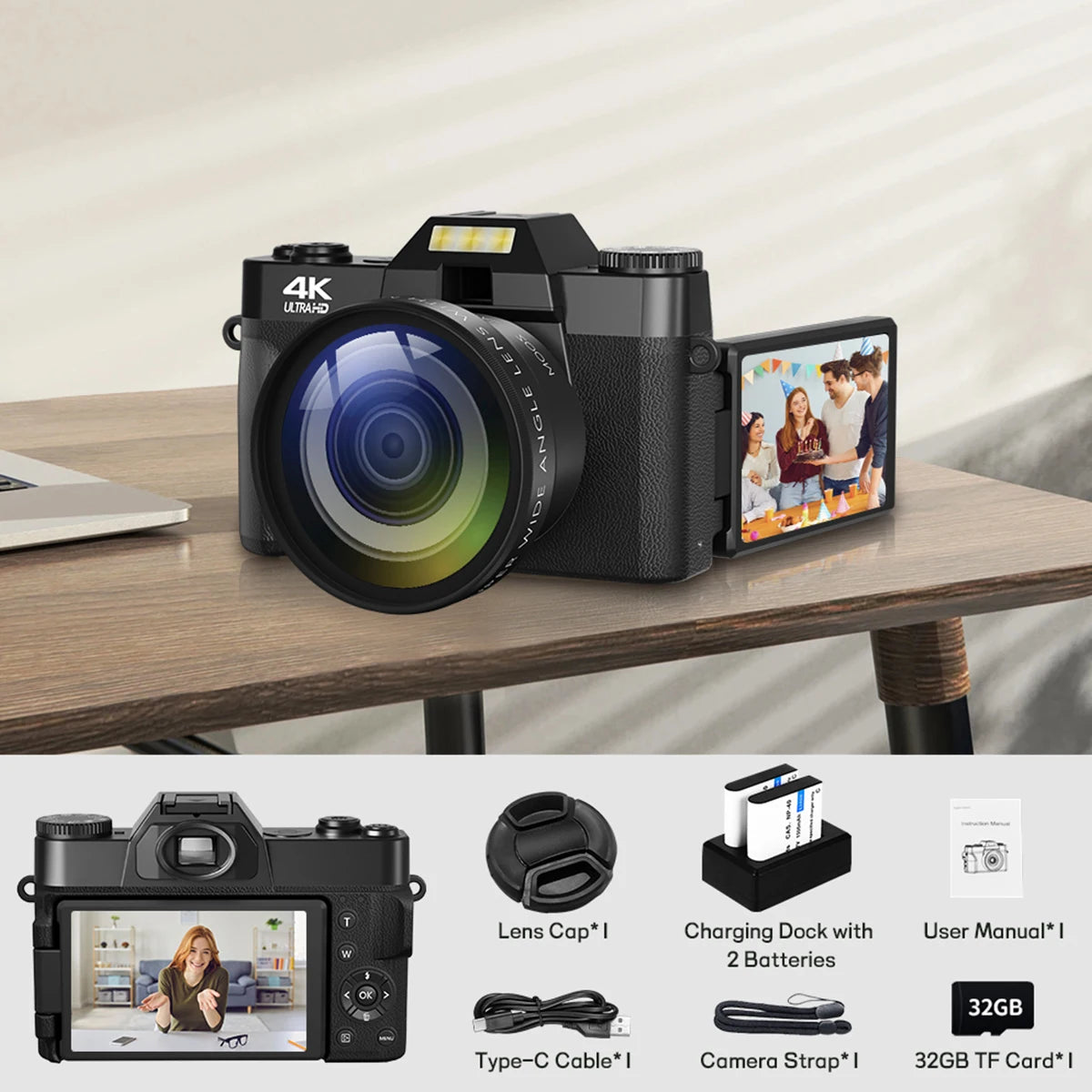 Gavonde 4K WiFi Camcorder With 64MP Flip Screen Wide Lens