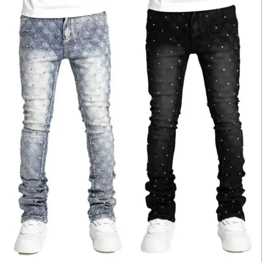 Men's denim fashion personality straight leg men's pants European and American fashion Instagram hot item elastic pearl denim la