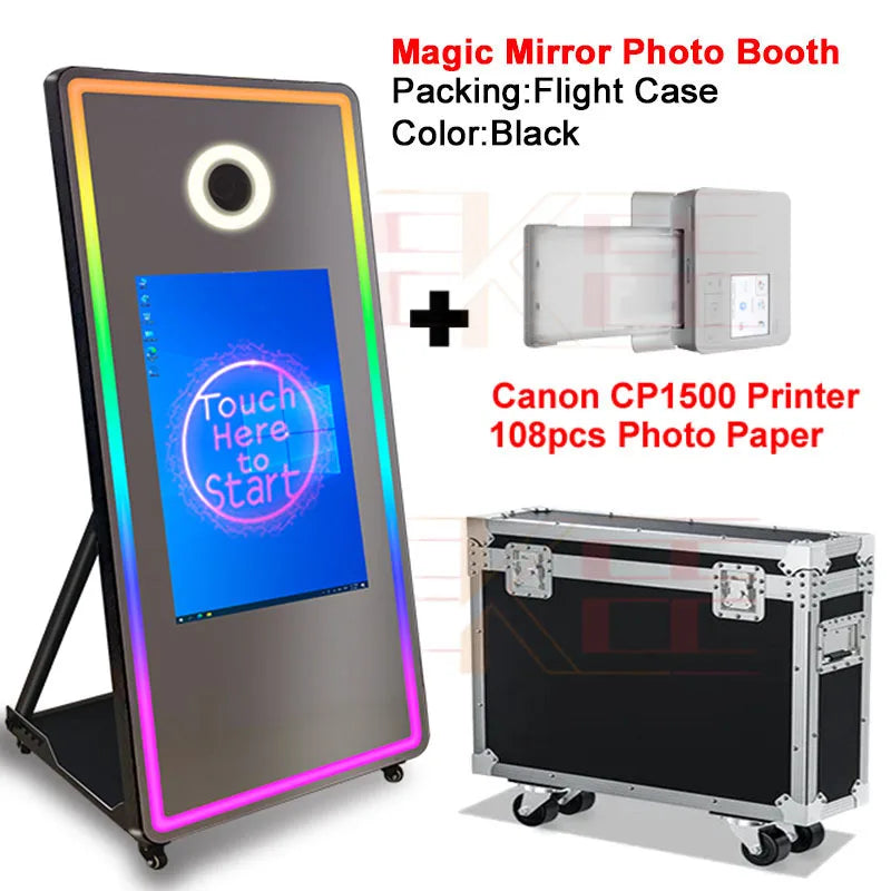 65 inch Magic Mirror Photo Booth 32in Touch Screen Built-in Mini PC Portable Mirror Photo Booth Selfie Machine for Partys Events
