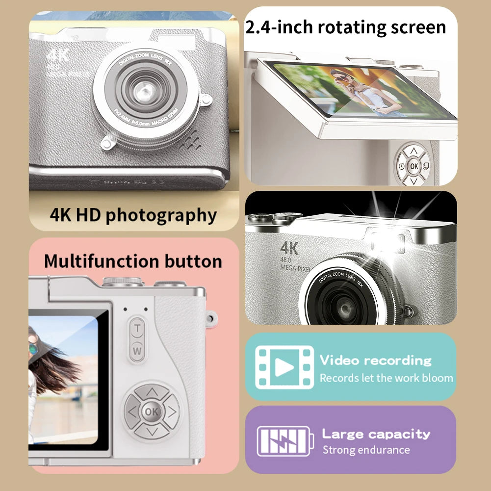 4K Digital Camera 48MP Compact Small Camera 8X Zoom Video Camcorder 180 Flip Screen Video Recorder for Teens Adult Beginner