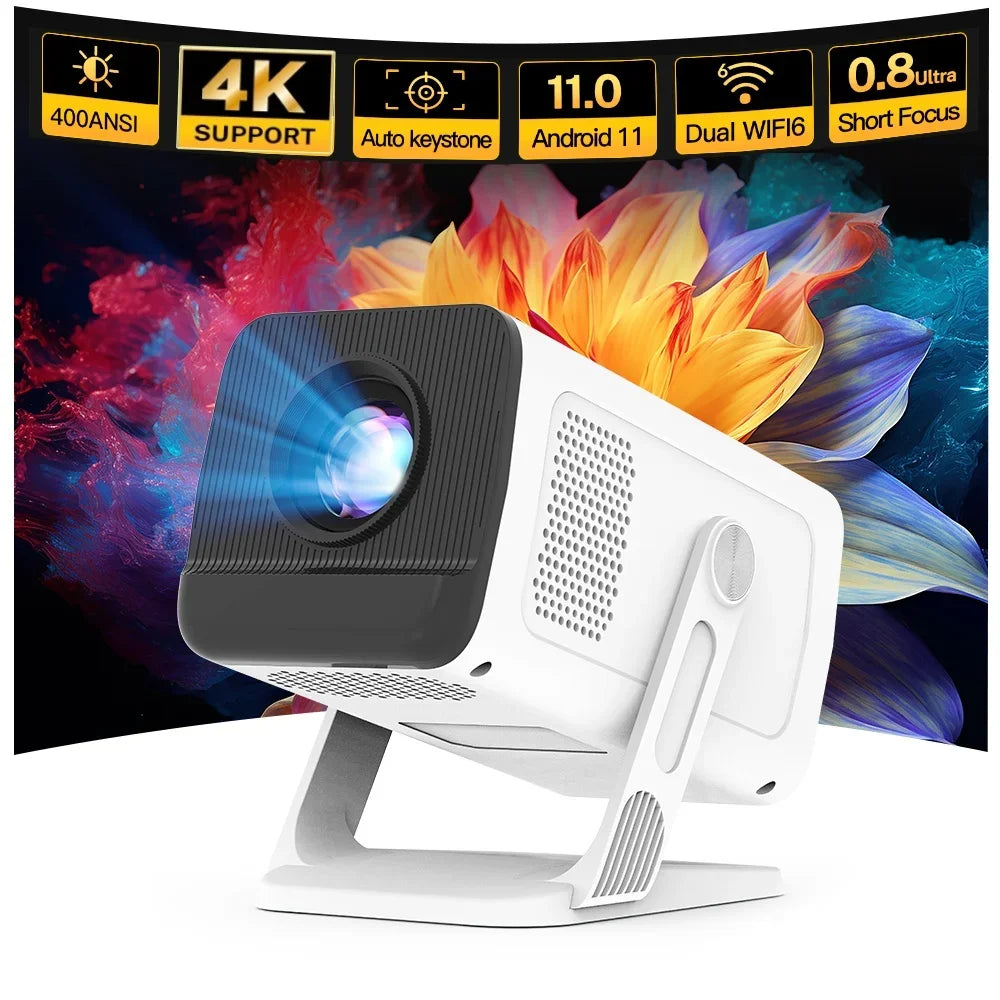Mini Projector with Wifi6 and BT5.4 1080P 4K Support Android 11 Auto Keystone 180° Flexible Portable Beamer for Home Theater Use