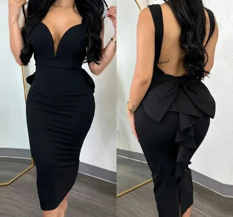 XTOCEAN Women's Bodycon Dress Open Back Deep V High Waist