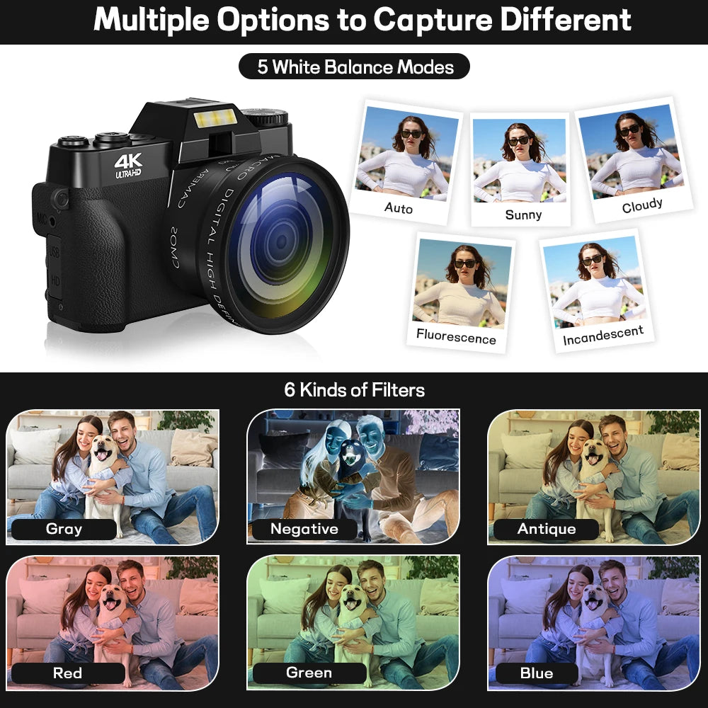 Gavonde 4K WiFi Camcorder With 64MP Flip Screen Wide Lens